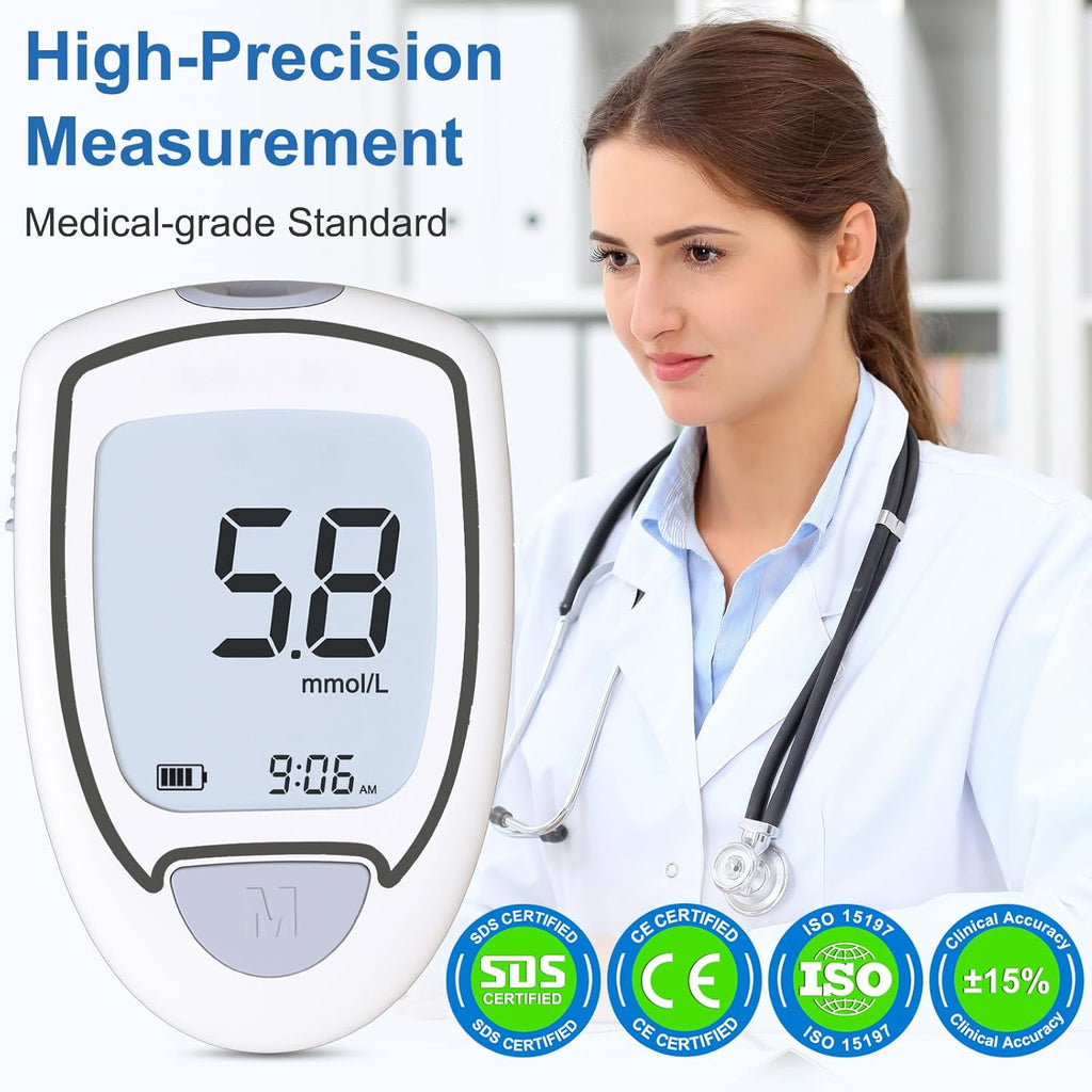 Blood Glucose Monitor Kit, 100 Glucometer Strips, 100 Lancets, 1 Blood Sugar Monitor, 1 Control Solution, Lancing Device and Carrying Bag
