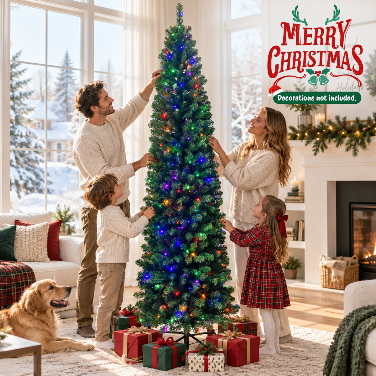 Moonsun 7.5ft Pre-Lit Pencil Christmas Tree, Artificial Slim Green Tree with 250 Warm White & Multicolor Lights, 900 Branch Tips, Metal Stand for Home Office Party Holiday Decor