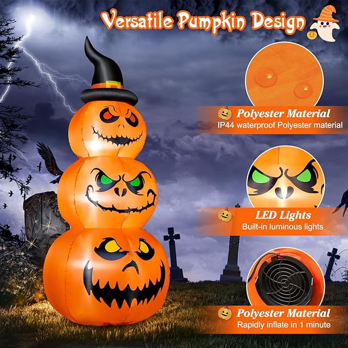6 FT Halloween Inflatables Outdoor Decorations, Blow Up Yard Decorations Inflatable Pumpkins with Witch Hat with Build-in LEDs for Halloween Decor