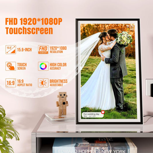 Smart WiFi Digital Picture Frame - 15.6-inch Full HD Touchscreen, 64GB Electronic Photo Frame Wall Mountable for Home Decor