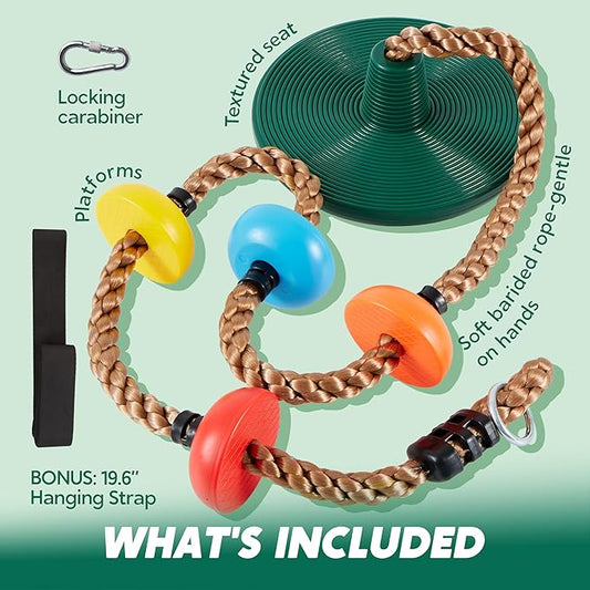 Moonsun Green Kids Tree Swing Set - Single Disc Seat, Climbing Rope, 4 Ft Strap & Carabiner for Treehouse & Backyard