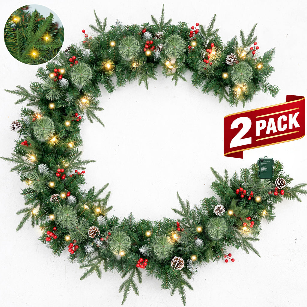 2 Pack 9ft Pre-Lit Christmas Garland, PE/PVC Mixed, 80 LED Lights w/ 8 Modes & Timer for Outdoor Indoor Xmas Decoration Fireplace Stairs Doorway Railings Decor