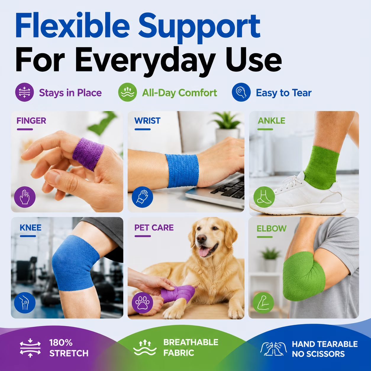 MoonSun 12 Pack Self Adhesive Bandage Wrap, 2" x 5 Yards, Waterproof Breathable Elastic Athletic Tape for Wrist, Ankle, Sports, Pets and Home Use