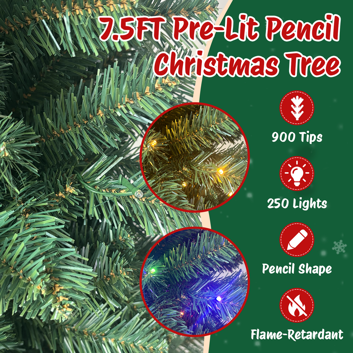 Moonsun 7.5ft Pre-Lit Pencil Christmas Tree, Artificial Slim Green Tree with 250 Warm White & Multicolor Lights, 900 Branch Tips, Metal Stand for Home Office Party Holiday Decor