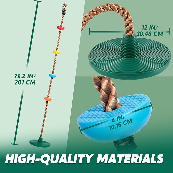 Moonsun Green Kids Tree Swing Set - Single Disc Seat, Climbing Rope, 4 Ft Strap & Carabiner for Treehouse & Backyard