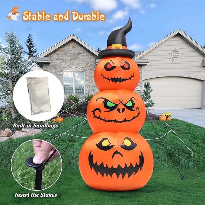 6 FT Halloween Inflatables Outdoor Decorations, Blow Up Yard Decorations Inflatable Pumpkins with Witch Hat with Build-in LEDs for Halloween Decor