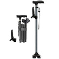 MoonSun Walking Cane for Men Women, Foldable Adjustable Collapsible Walking Stick with Two Comfort Handle,LED Flashlight, Pivoting Quad Base Standable Folding Cane for Seniors Adults Black