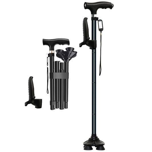 MoonSun Walking Cane for Men Women, Foldable Adjustable Collapsible Walking Stick with Two Comfort Handle,LED Flashlight, Pivoting Quad Base Standable Folding Cane for Seniors Adults Black