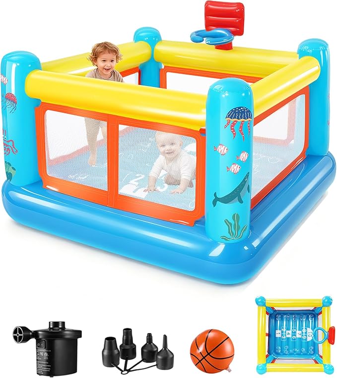 Moonsun 3-6 Kids Inflatable Bounce House - Small PVC Bouncy House w/ Basketball Hoop & Hopscotch, Indoor/Outdoor + Air Pump