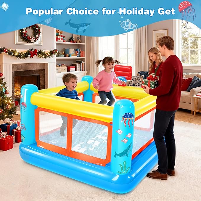 Moonsun 3-6 Kids Inflatable Bounce House - Small PVC Bouncy House w/ Basketball Hoop & Hopscotch, Indoor/Outdoor + Air Pump