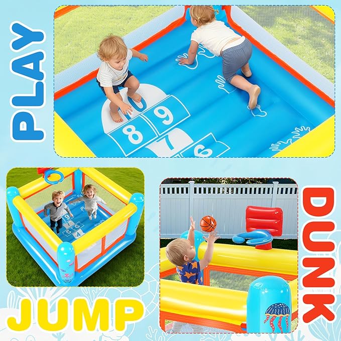 Moonsun 3-6 Kids Inflatable Bounce House - Small PVC Bouncy House w/ Basketball Hoop & Hopscotch, Indoor/Outdoor + Air Pump