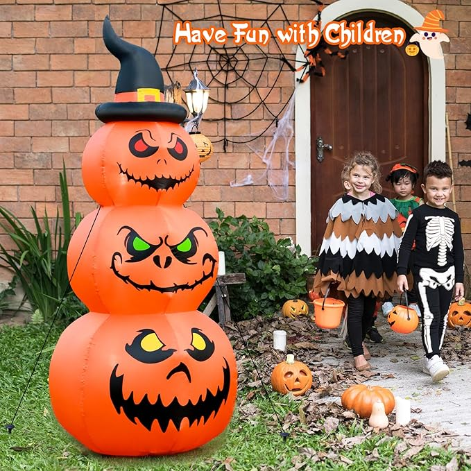 6 FT Halloween Inflatables Outdoor Decorations, Blow Up Yard Decorations Inflatable Pumpkins with Witch Hat with Build-in LEDs for Halloween Decor