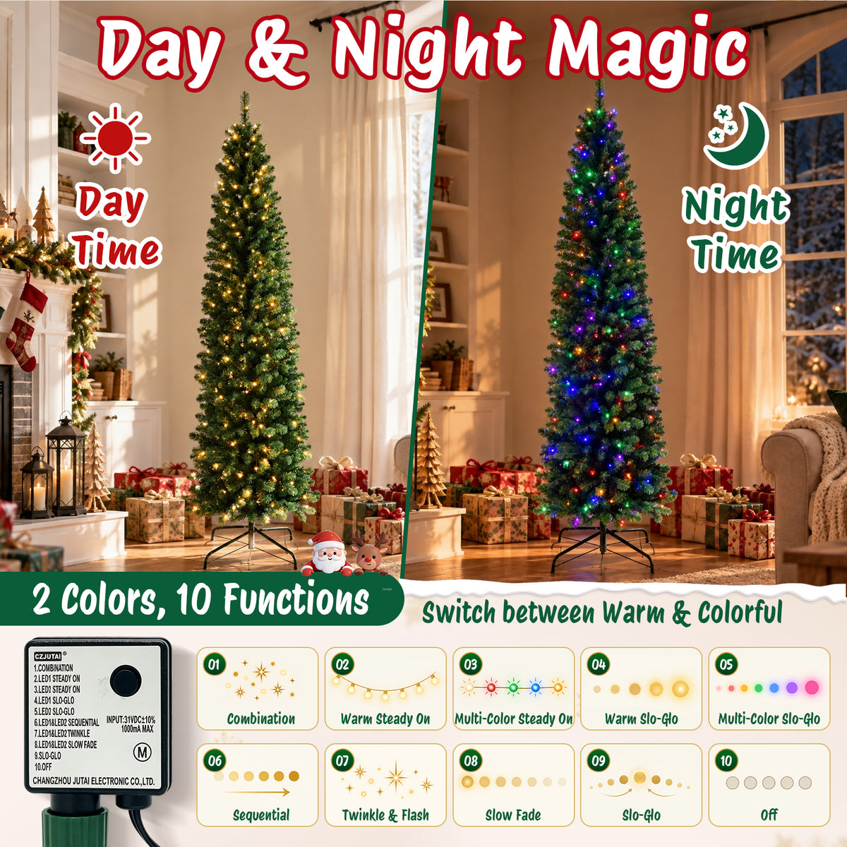 Moonsun 7.5ft Pre-Lit Pencil Christmas Tree, Artificial Slim Green Tree with 250 Warm White & Multicolor Lights, 900 Branch Tips, Metal Stand for Home Office Party Holiday Decor