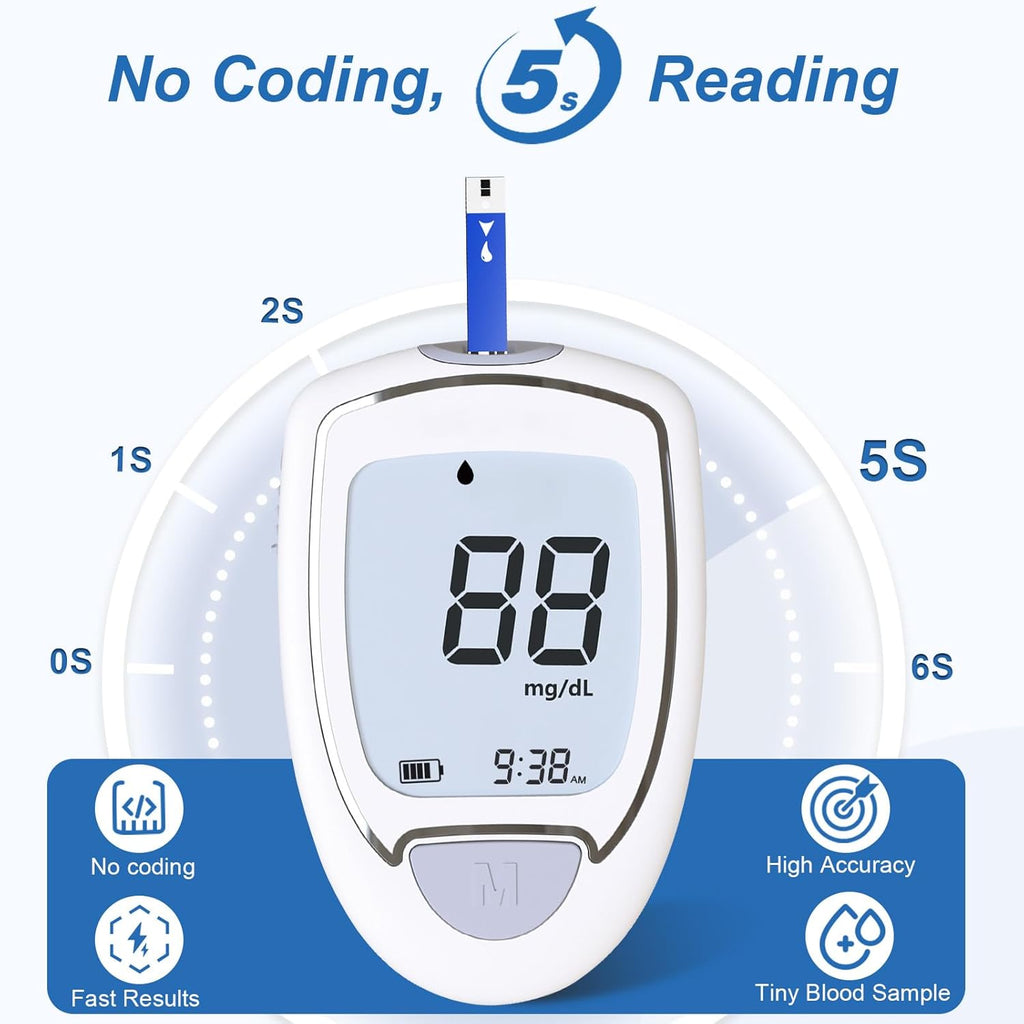 Blood Glucose Monitor Kit, 100 Glucometer Strips, 100 Lancets, 1 Blood Sugar Monitor, 1 Control Solution, Lancing Device and Carrying Bag