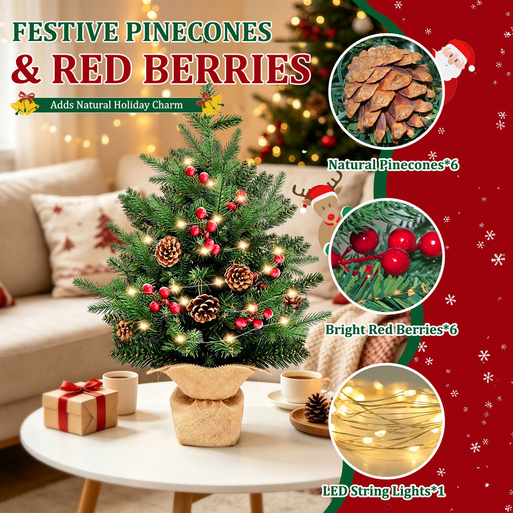 Moonsun 24"/2FT Mini Christmas Tree Tabletop Set with LED Lights, Artificial Xmas Tree with PE Tips & Hanging Ornaments for Home Entryway Apartment Indoor Outdoor Holiday Decoration