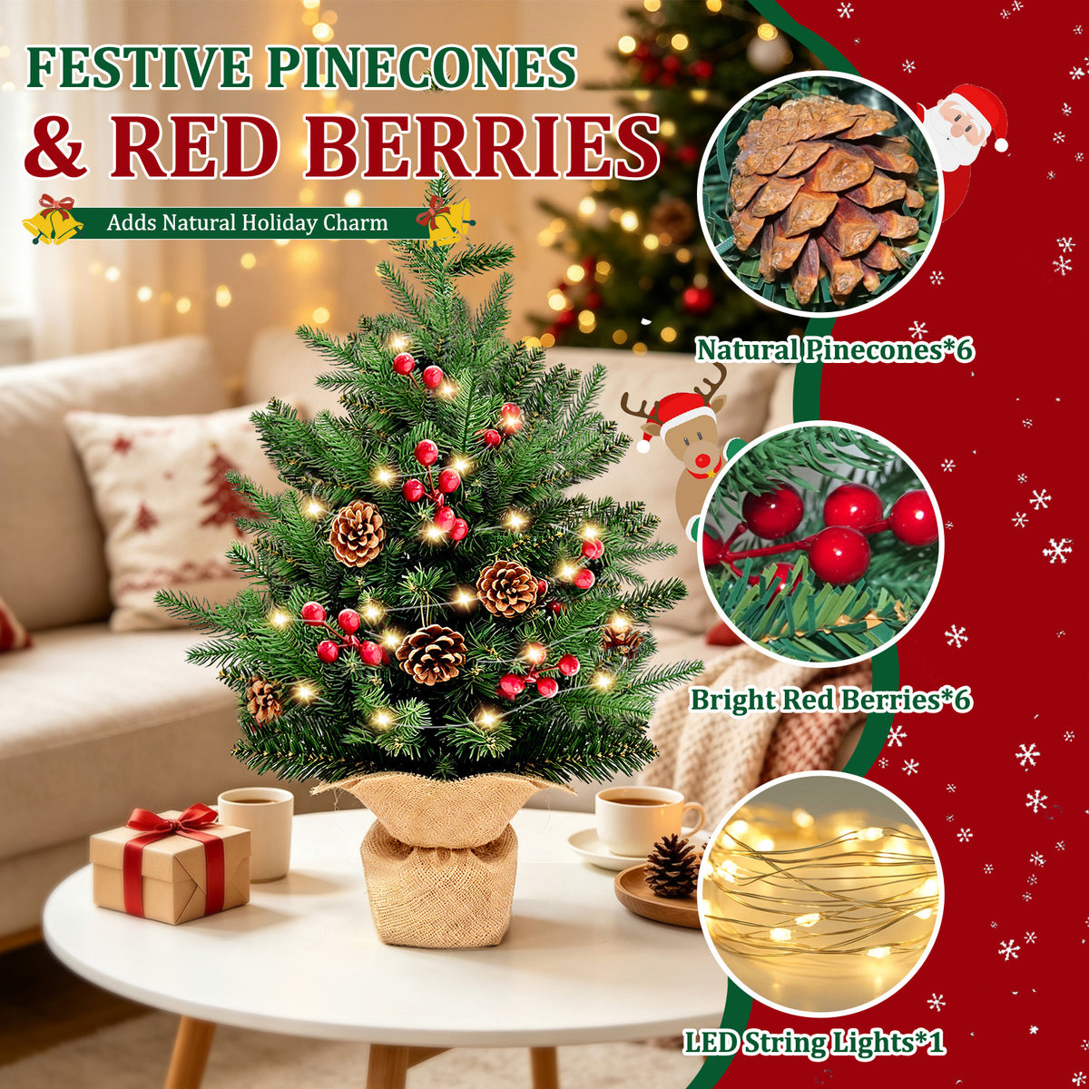 Moonsun 24"/2FT Mini Christmas Tree Tabletop Set with LED Lights, Artificial Xmas Tree with PE Tips & Hanging Ornaments for Home Entryway Apartment Indoor Outdoor Holiday Decoration