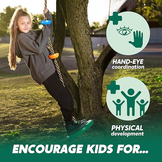 Moonsun Green Kids Tree Swing Set - Single Disc Seat, Climbing Rope, 4 Ft Strap & Carabiner for Treehouse & Backyard