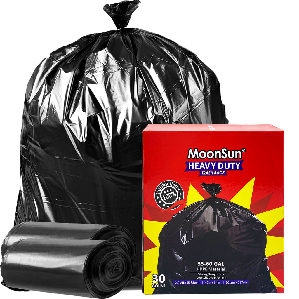 MoonSun Trash Bags, 2.2 Mil 55-60 Gallon Large Contractor Bags 30 Counts Heavy Duty Outdoor Garbage Can Liners Black