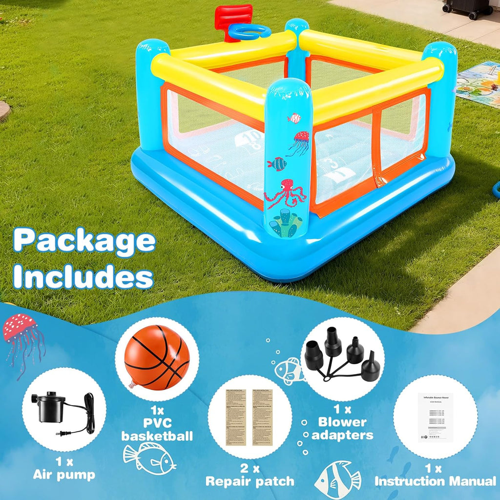 Moonsun 3-6 Kids Inflatable Bounce House - Small PVC Bouncy House w/ Basketball Hoop & Hopscotch, Indoor/Outdoor + Air Pump