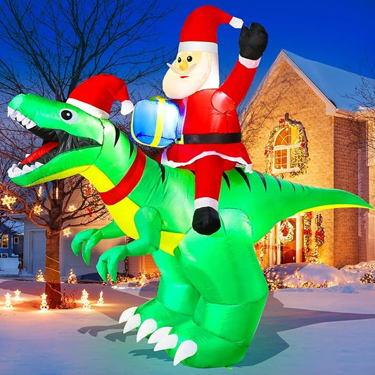 Moonsun 9x7FT Outdoor Christmas Inflatable - Santa Ride on Dinosaur with LED Lights Sandbags/Stakes/Strings for Garden Yard Decor