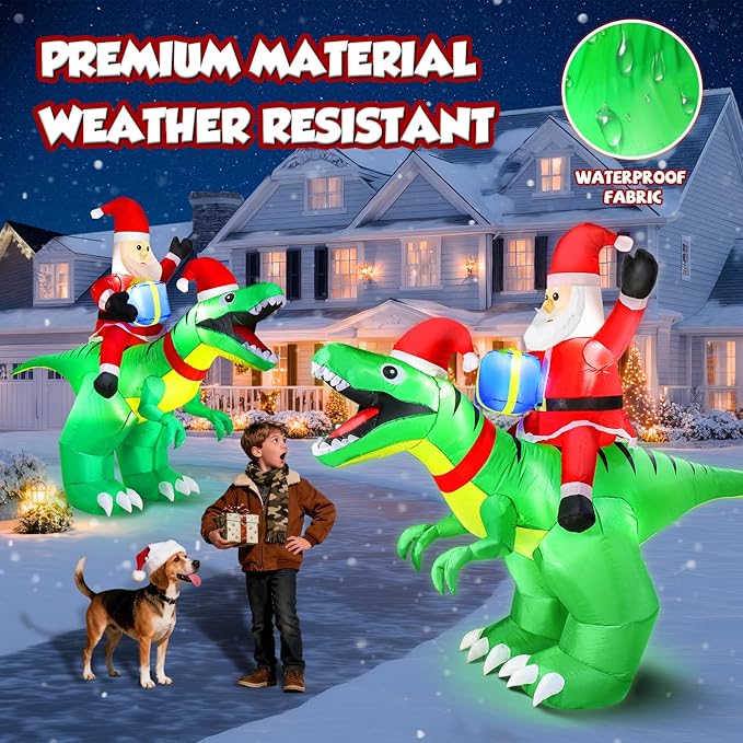Moonsun 9x7FT Outdoor Christmas Inflatable - Santa Ride on Dinosaur with LED Lights Sandbags/Stakes/Strings for Garden Yard Decor