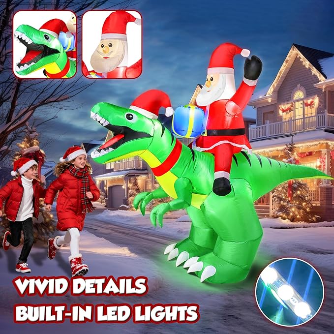 Moonsun 9x7FT Outdoor Christmas Inflatable - Santa Ride on Dinosaur with LED Lights Sandbags/Stakes/Strings for Garden Yard Decor