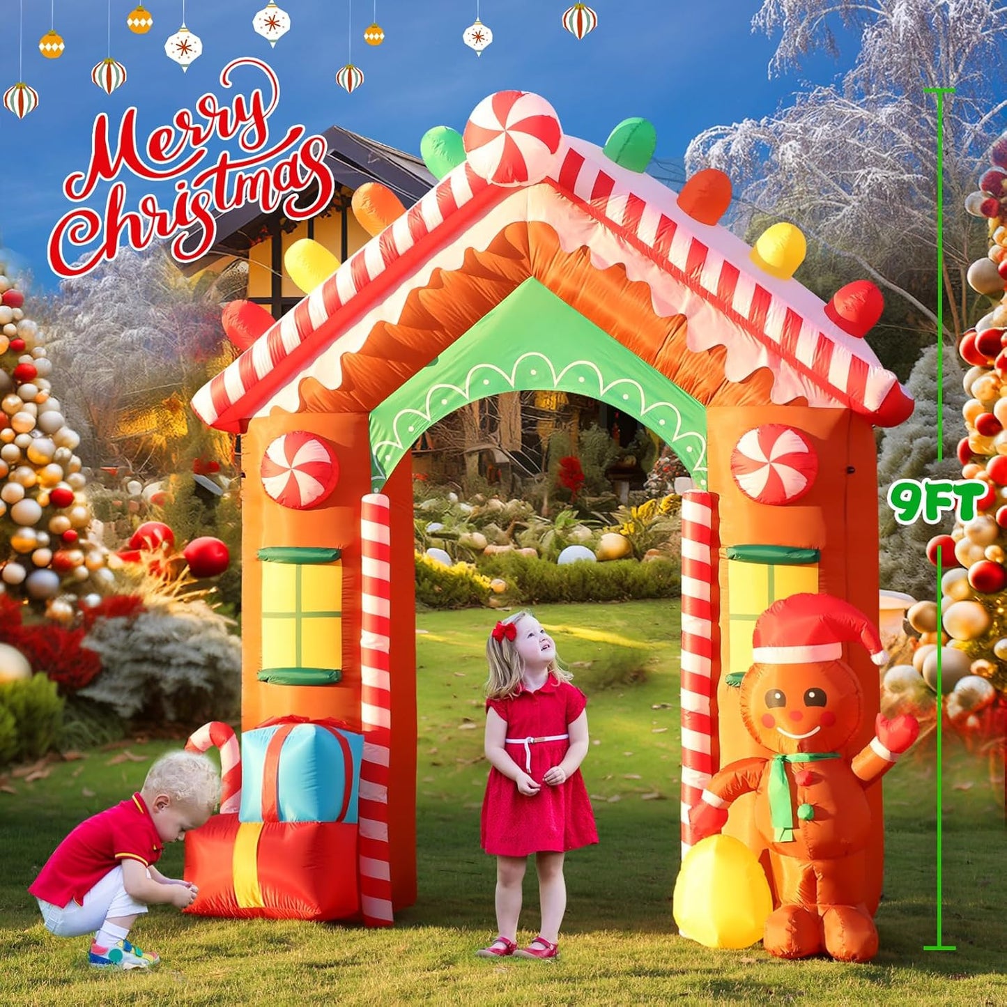 9 FT Christmas Inflatables Archway Outdoor Decorations, Gingerbread Man House Arch Blow Up Yard Decoration