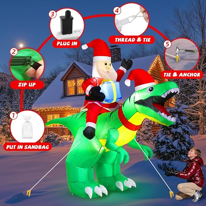 Moonsun 9x7FT Outdoor Christmas Inflatable - Santa Ride on Dinosaur with LED Lights Sandbags/Stakes/Strings for Garden Yard Decor