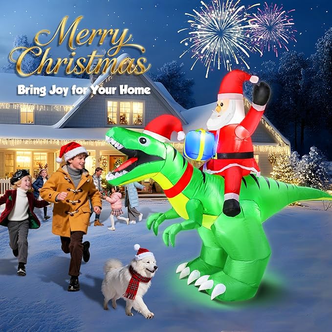 Moonsun 9x7FT Outdoor Christmas Inflatable - Santa Ride on Dinosaur with LED Lights Sandbags/Stakes/Strings for Garden Yard Decor