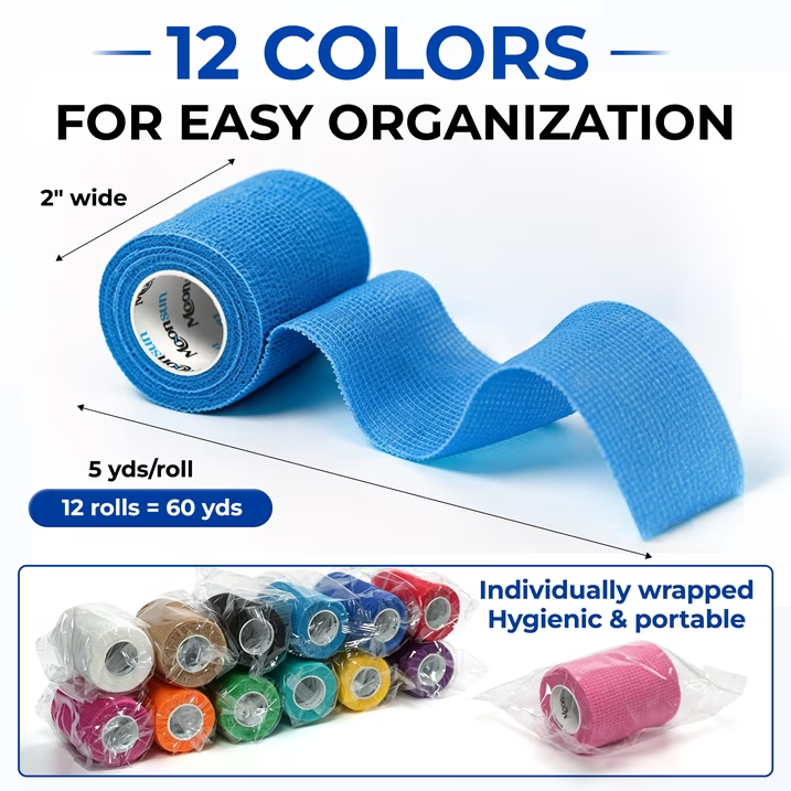 MoonSun 12 Pack Self Adhesive Bandage Wrap, 2" x 5 Yards, Waterproof Breathable Elastic Athletic Tape for Wrist, Ankle, Sports, Pets and Home Use
