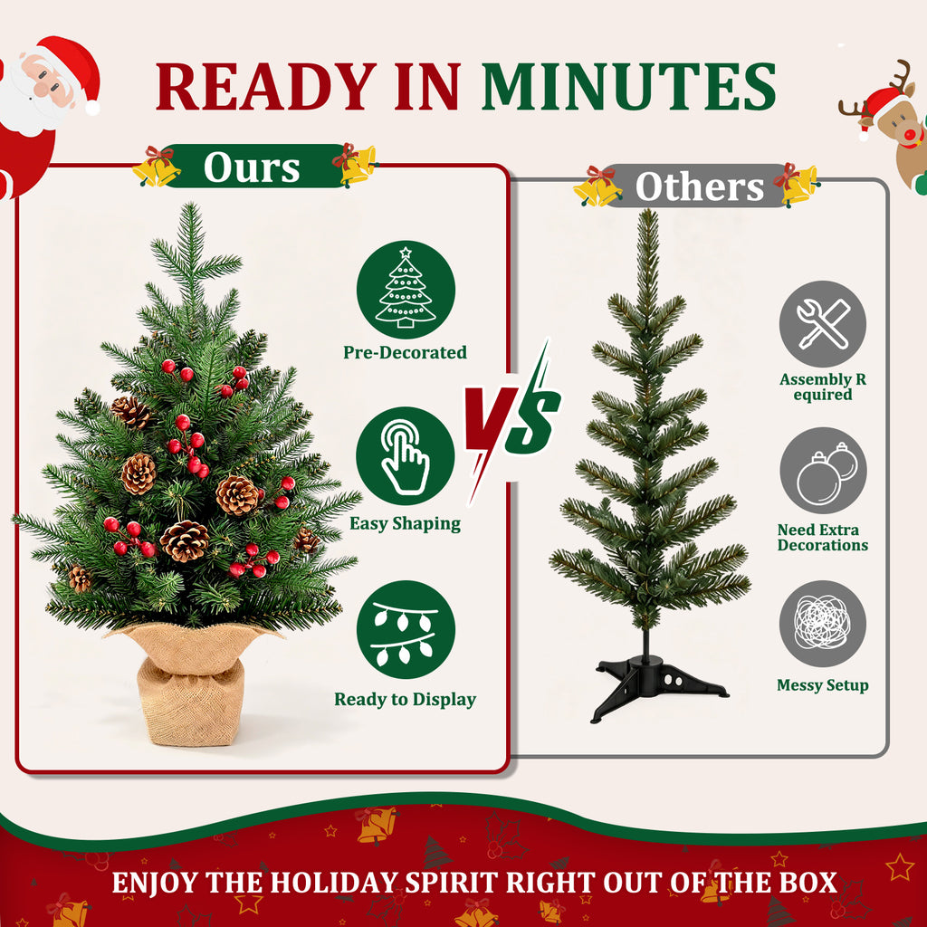 Moonsun 24"/2FT Mini Christmas Tree Tabletop Set with LED Lights, Artificial Xmas Tree with PE Tips & Hanging Ornaments for Home Entryway Apartment Indoor Outdoor Holiday Decoration
