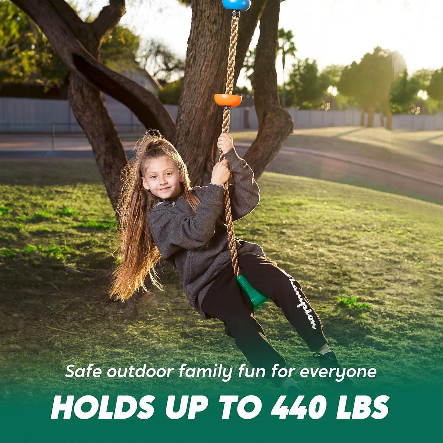 Moonsun Green Kids Tree Swing Set - Single Disc Seat, Climbing Rope, 4 Ft Strap & Carabiner for Treehouse & Backyard