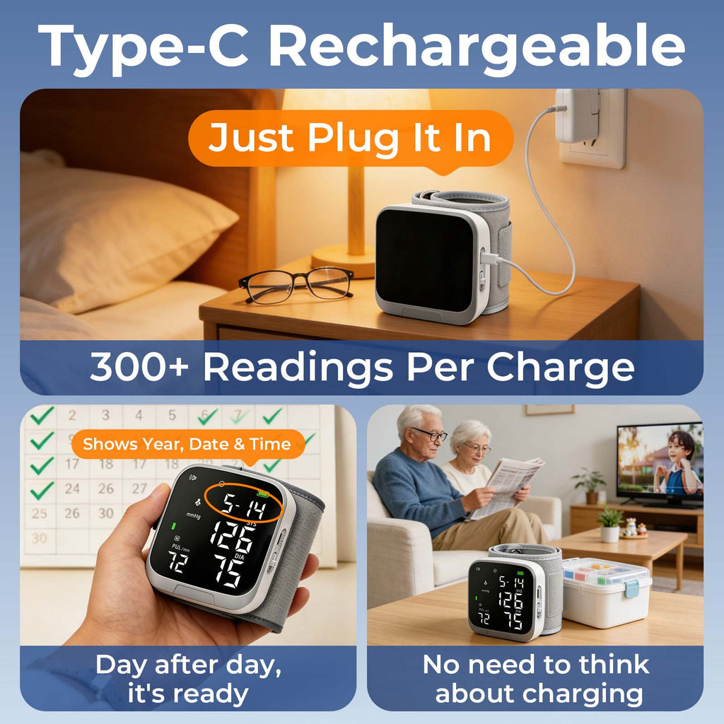 Automatic Wrist Blood Pressure Monitor, Rechargeable, Voice Broadcast ON/OFF, Large LCD Display, 2-User 300 Memory, Adjustable Cuff 5.3-7.7 inches, BP Machine for Home Travel Seniors