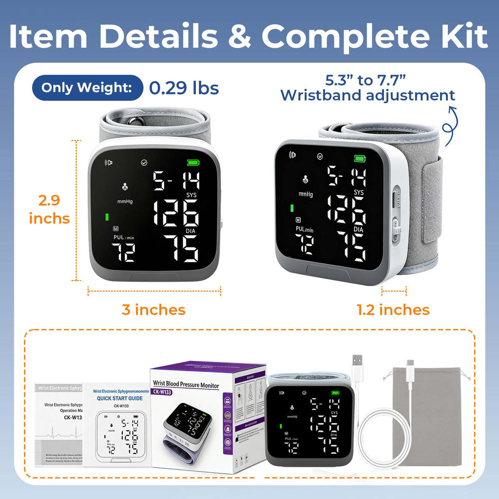 Automatic Wrist Blood Pressure Monitor, Rechargeable, Voice Broadcast ON/OFF, Large LCD Display, 2-User 300 Memory, Adjustable Cuff 5.3-7.7 inches, BP Machine for Home Travel Seniors