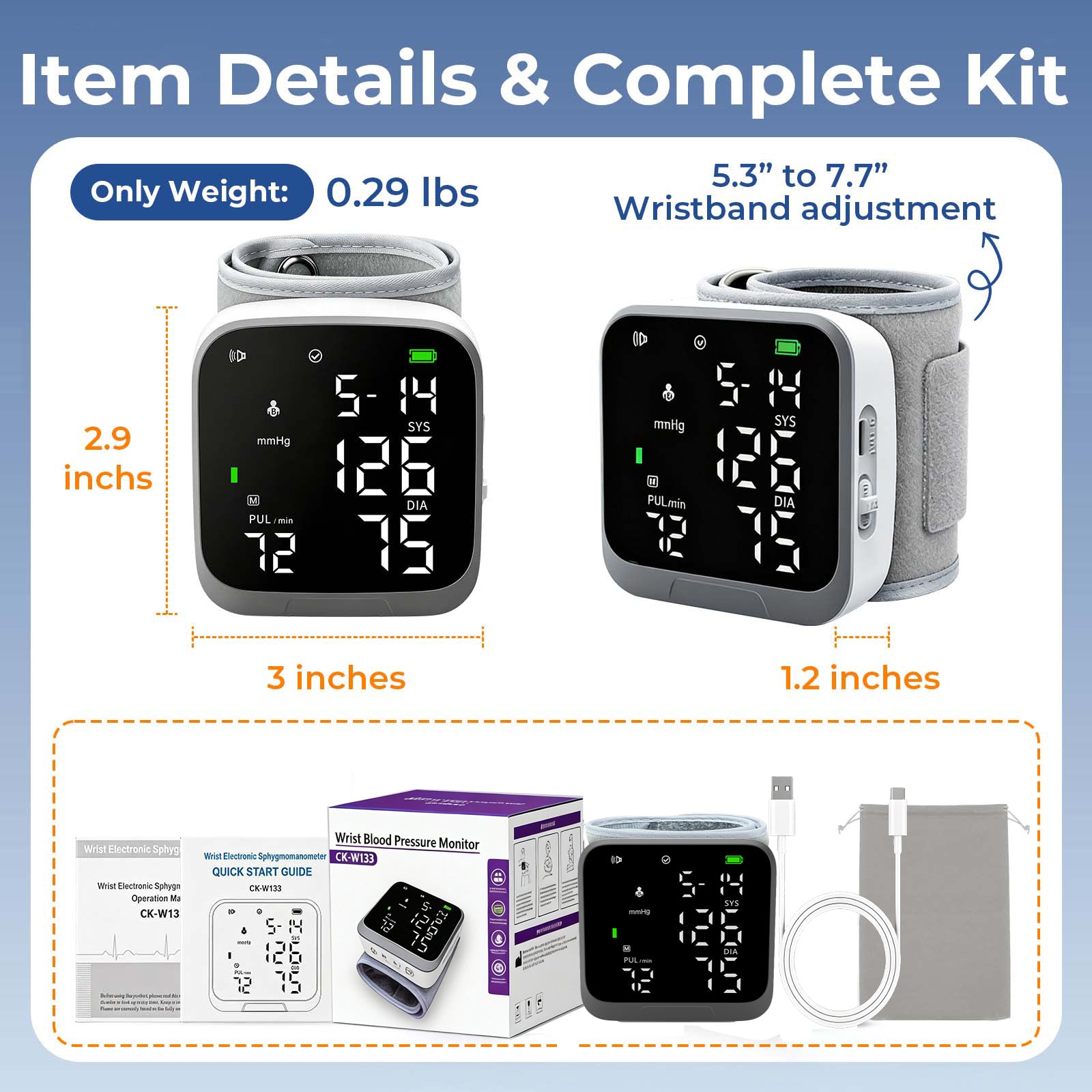 Automatic Wrist Blood Pressure Monitor, Rechargeable, Voice Broadcast ON/OFF, Large LCD Display, 2-User 300 Memory, Adjustable Cuff 5.3-7.7 inches, BP Machine for Home Travel Seniors