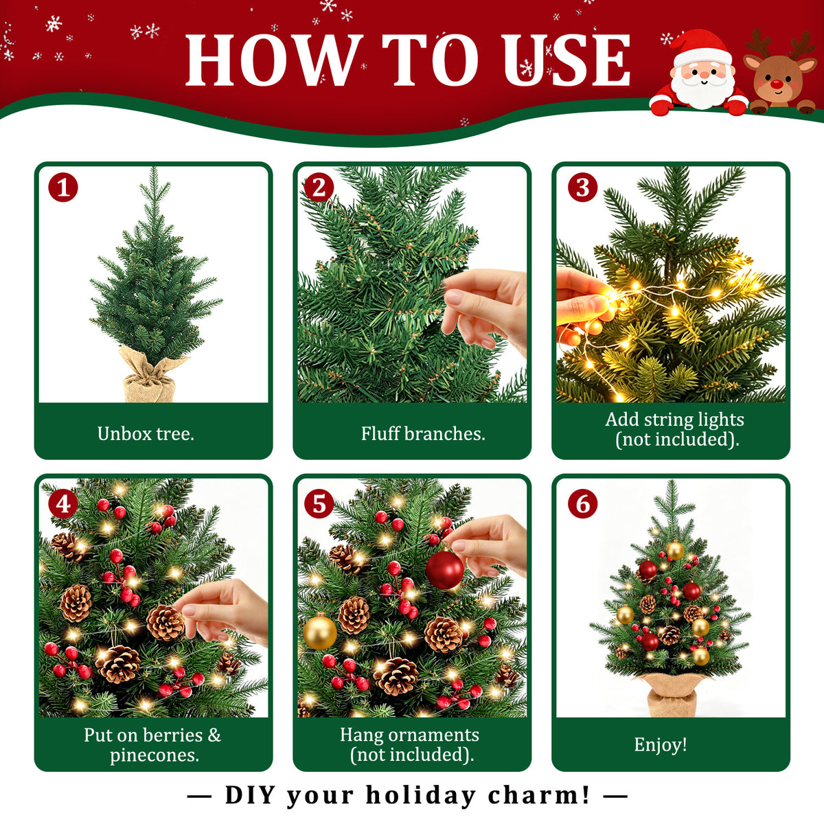 Moonsun 24"/2FT Mini Christmas Tree Tabletop Set with LED Lights, Artificial Xmas Tree with PE Tips & Hanging Ornaments for Home Entryway Apartment Indoor Outdoor Holiday Decoration
