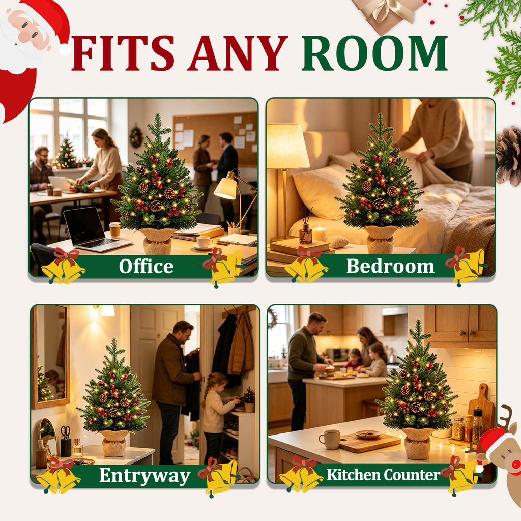 Moonsun 24"/2FT Mini Christmas Tree Tabletop Set with LED Lights, Artificial Xmas Tree with PE Tips & Hanging Ornaments for Home Entryway Apartment Indoor Outdoor Holiday Decoration