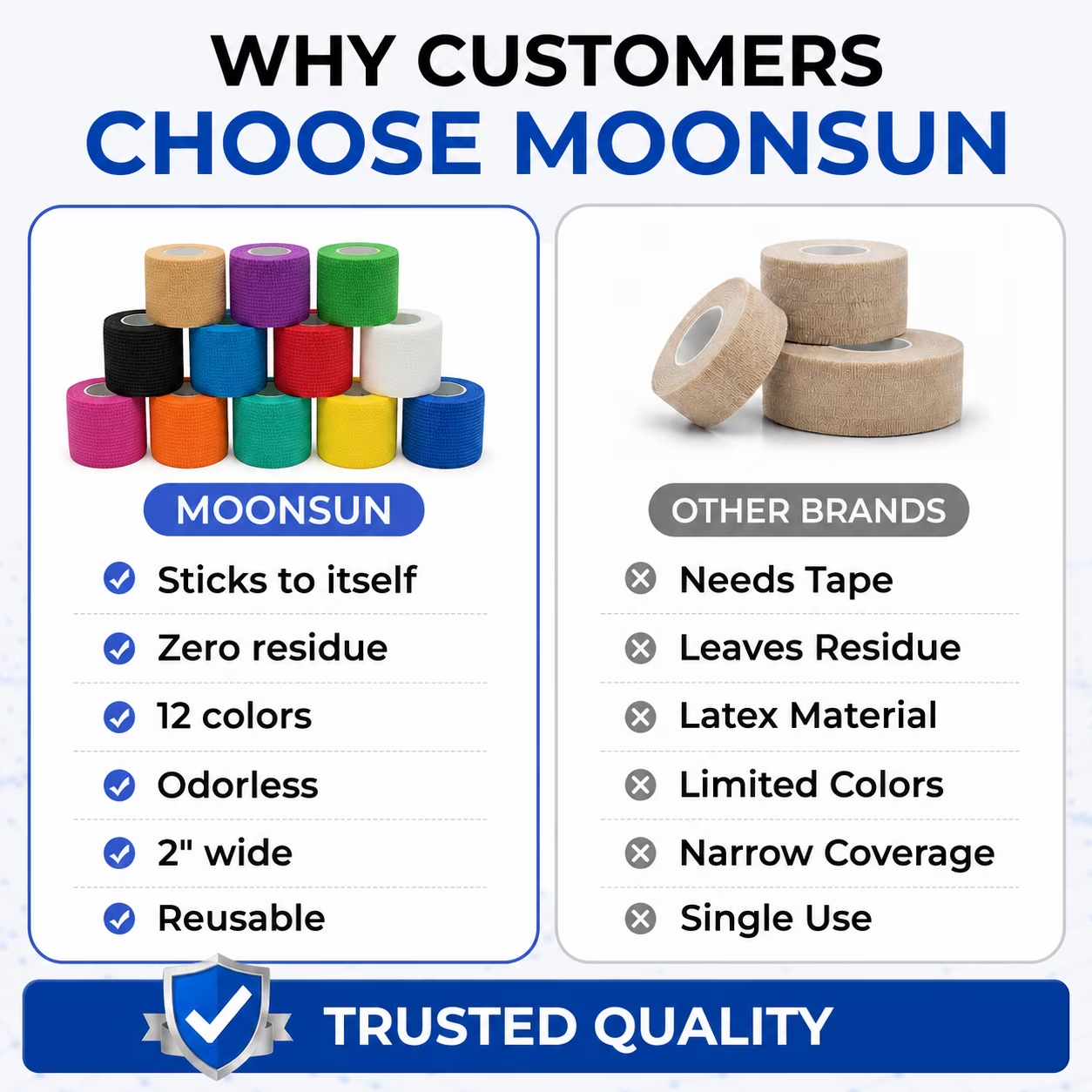 MoonSun 12 Pack Self Adhesive Bandage Wrap, 2" x 5 Yards, Waterproof Breathable Elastic Athletic Tape for Wrist, Ankle, Sports, Pets and Home Use