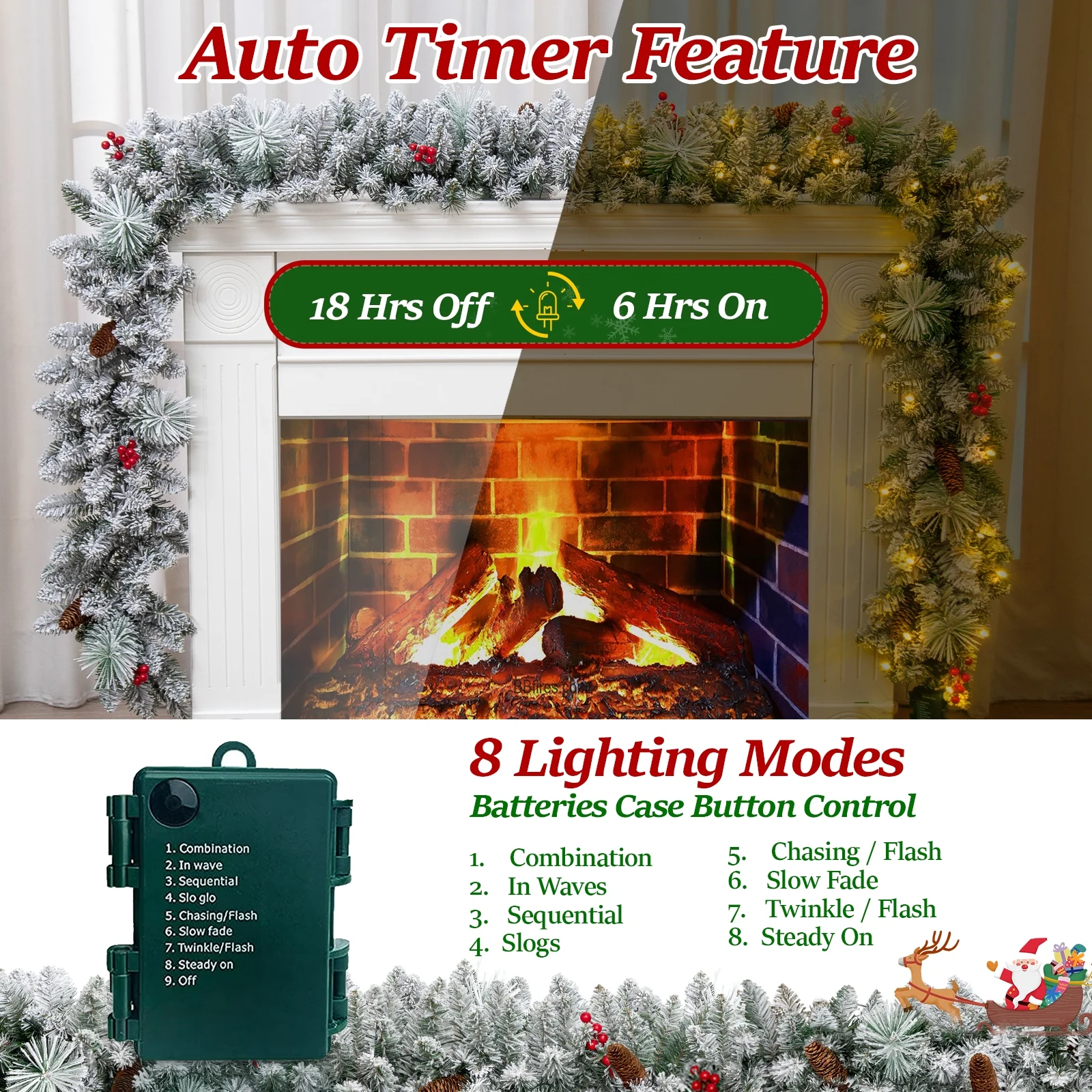 9ft Pre-Lit Christmas Garland Snow Flocked with LED Lights w/ 8 Modes & Timer, Pine Cones Frosted Garland for Mantle Stairs Door Indoor Outdoor Decorations