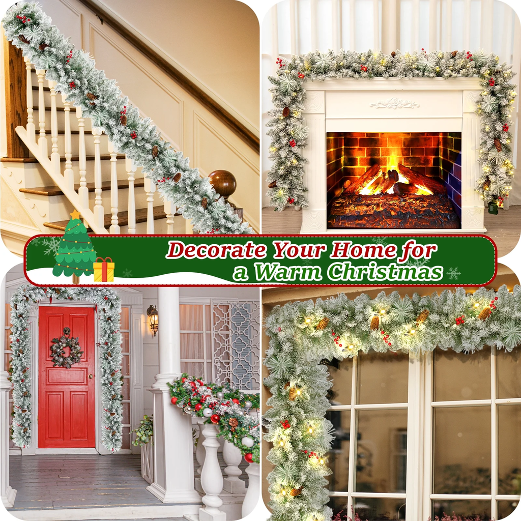 9ft Pre-Lit Christmas Garland Snow Flocked with LED Lights w/ 8 Modes & Timer, Pine Cones Frosted Garland for Mantle Stairs Door Indoor Outdoor Decorations