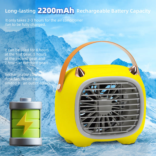 Portable Air Conditioner Fan, Powerful 9 Blades Personal Air Cooler Fan, 3 Speeds Small Cooling Fan, USB Rechargeable Desktop Spray Fan for Room Camping Car Office Kitchen Dorm,Yellow