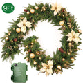 9ft Pre-Lit Christmas Garland with 50 LED String Lights Battery Operated, 8 Lighting Modes, Golden Flower Christmas Outdoor Indoor Decorations