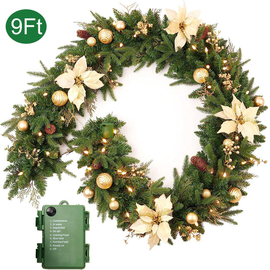 9ft Pre-Lit Christmas Garland with 50 LED String Lights Battery Operated, 8 Lighting Modes, Golden Flower Christmas Outdoor Indoor Decorations