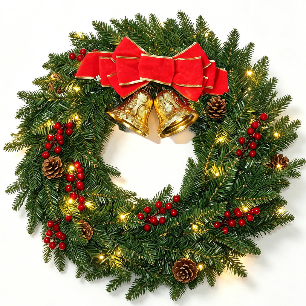 Moonsun 24" Pre-Lit Christmas Wreath, Evergreen, Warm White Lights with Bow & Large Jingle Bells for Front Door, Window, Mantel, Indoor & Outdoor Holiday Decor
