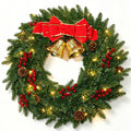 Moonsun 24" Pre-Lit Christmas Wreath, Evergreen, Warm White Lights with Bow & Large Jingle Bells for Front Door, Window, Mantel, Indoor & Outdoor Holiday Decor