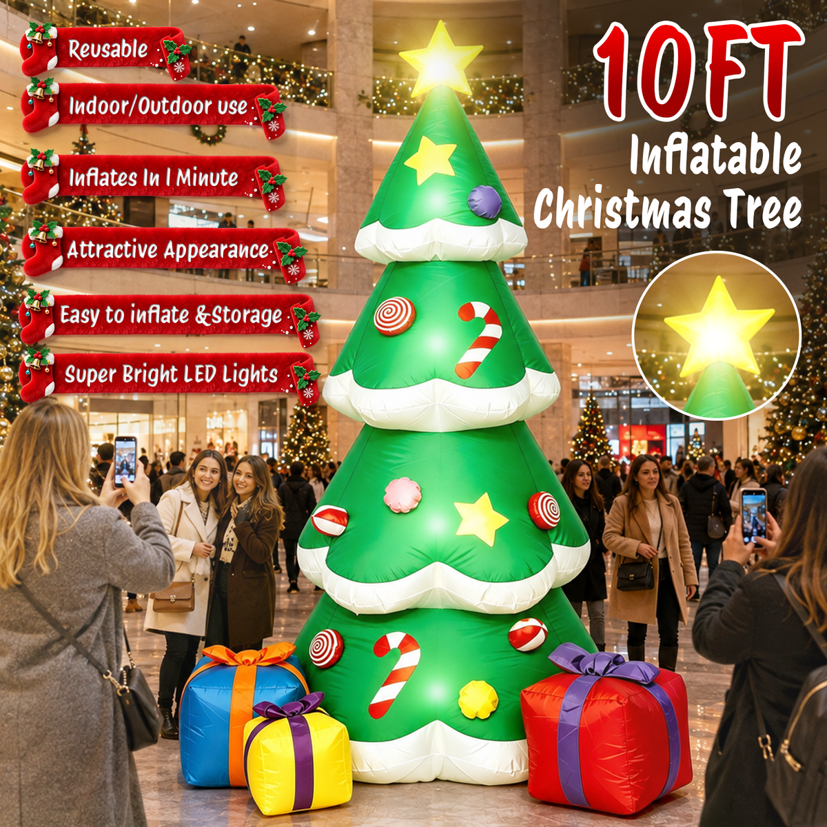 Moonsun 10 FT Christmas Inflatable Tree with Gift Boxes,Built-In LED Lights, Blow Up Outdoor Yard Decoration for Holiday Lawn and Garden