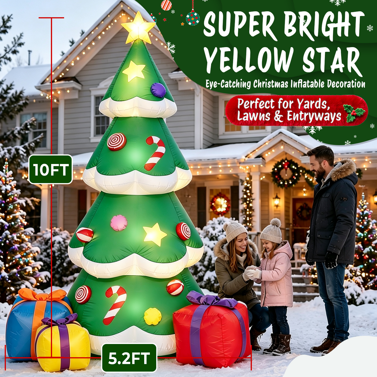 Moonsun 10 FT Christmas Inflatable Tree with Gift Boxes,Built-In LED Lights, Blow Up Outdoor Yard Decoration for Holiday Lawn and Garden
