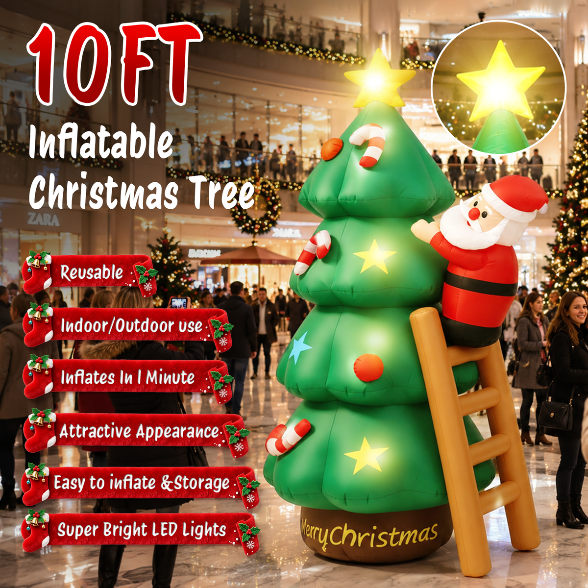 Moonsun 7 FT Christmas Inflatable Santa Climbing Tree