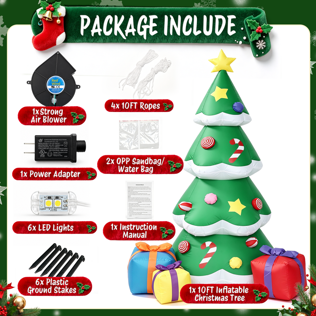 Moonsun 10 FT Christmas Inflatable Tree with Gift Boxes,Built-In LED Lights, Blow Up Outdoor Yard Decoration for Holiday Lawn and Garden