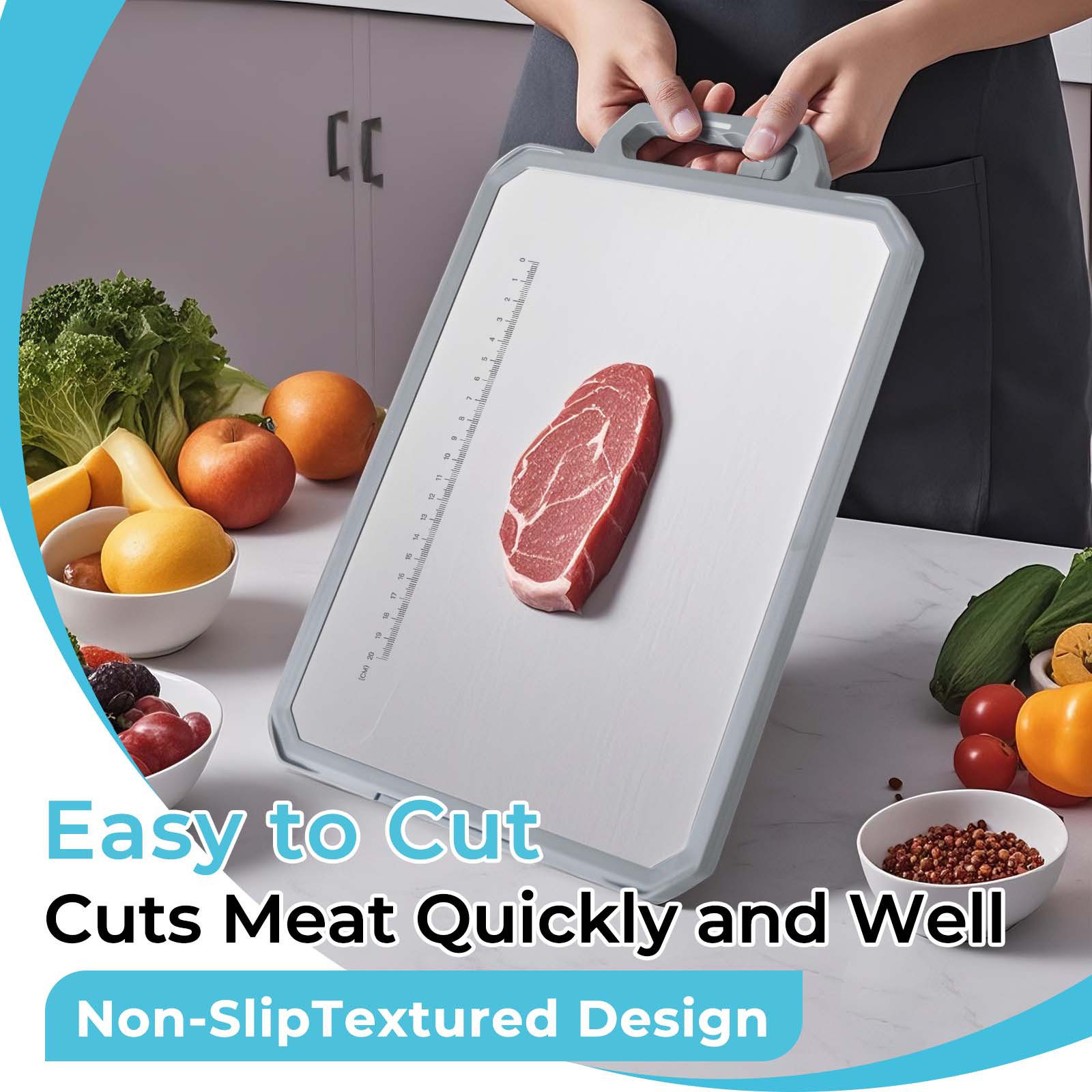 MoonSun Cutting Board for Kitchen, Double Sided Food Grade Stainless Steel/Wheat Straw PP Non-Slip Thick Board,Large Size 17”×12”